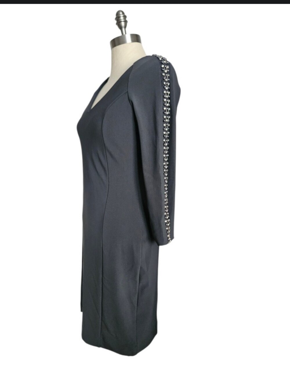 BOSTON PROPER Charcoal Grey Rhinestone Sleeve V-Neck Sheath Bodycon Dress | SZ 4